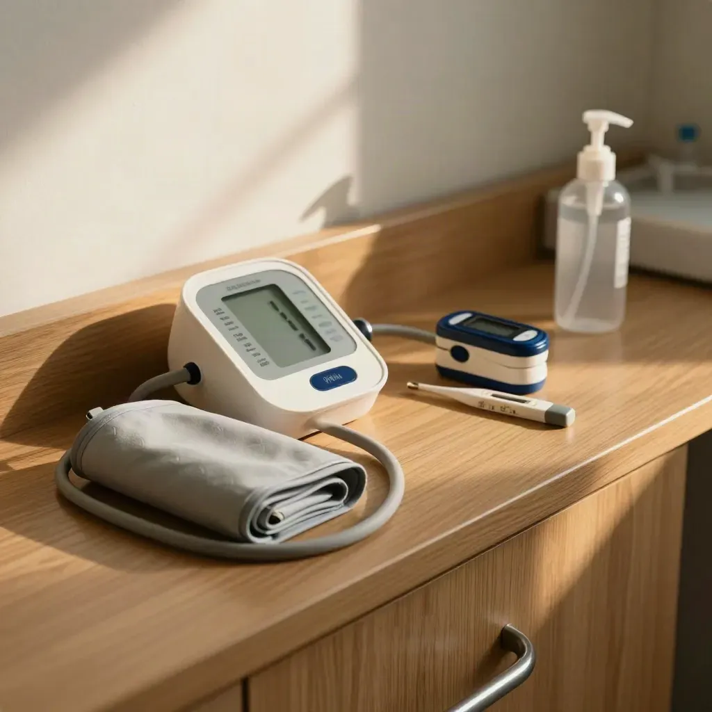 Clinic screening tools on a warm counter in soft afternoon light.