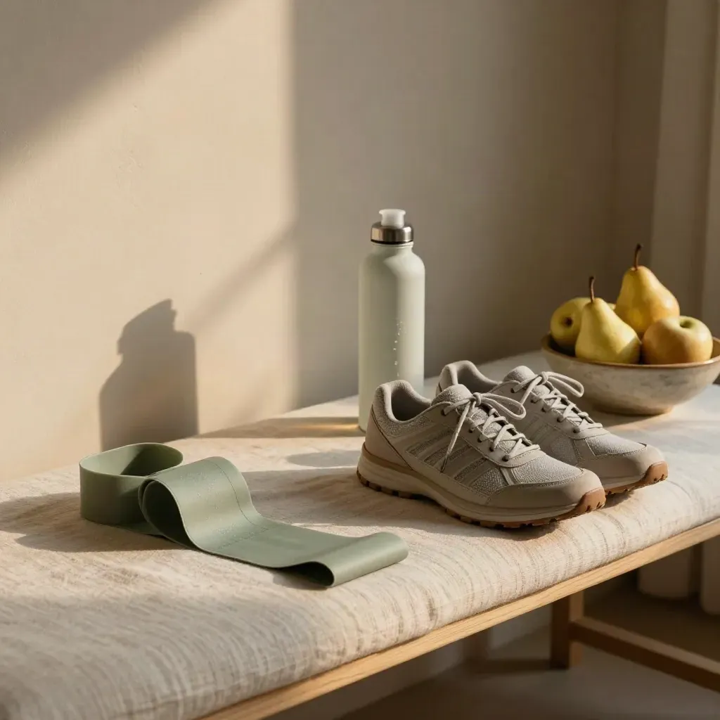 Linen bench with resistance band, water bottle, walking shoes, and fruit bowl in soft daylight.