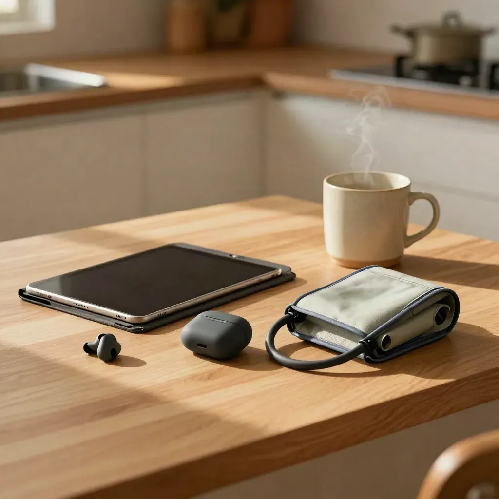 Telehealth setup on a warm kitchen counter with tablet, earbuds, blood-pressure cuff and mug.