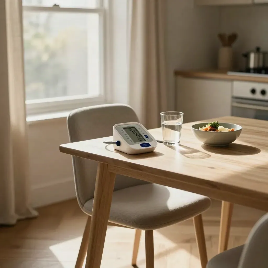 Home blood pressure monitor beside healthy meal, water glass, and chair in warm sunlight.