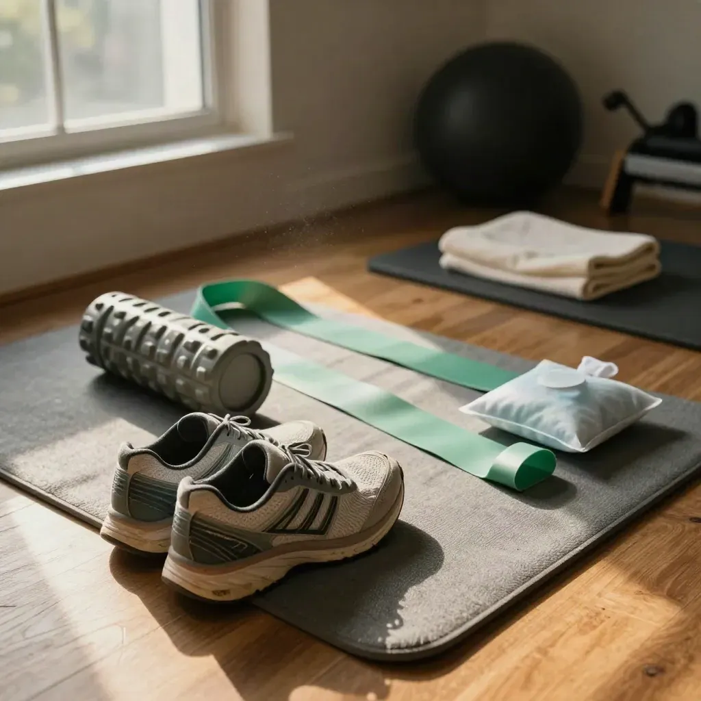 Running shoes and rehab gear on a mat, ready for the next run.