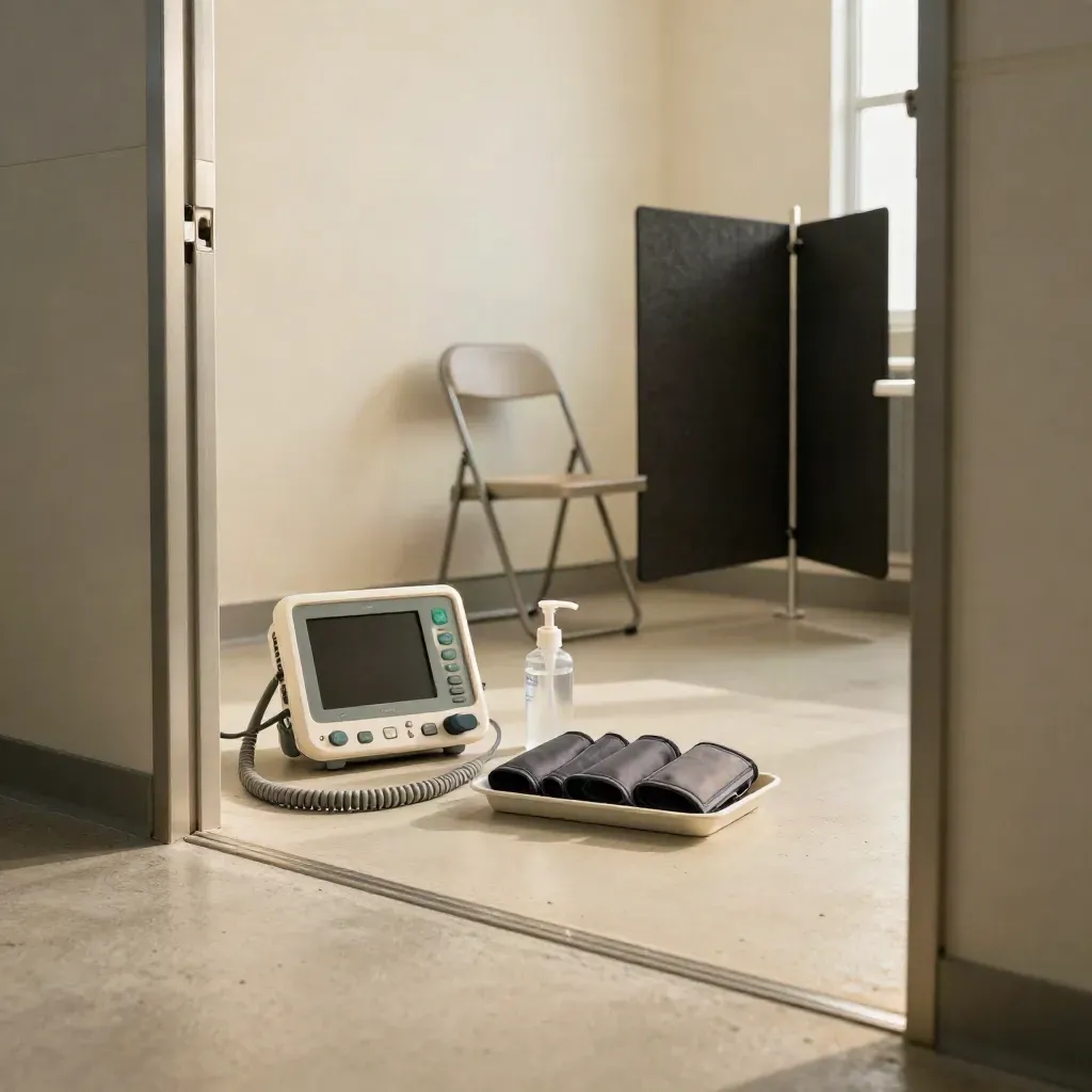Empty workplace screening station with monitor, cuffs, sanitizer, screen, and chair in bright daylight
