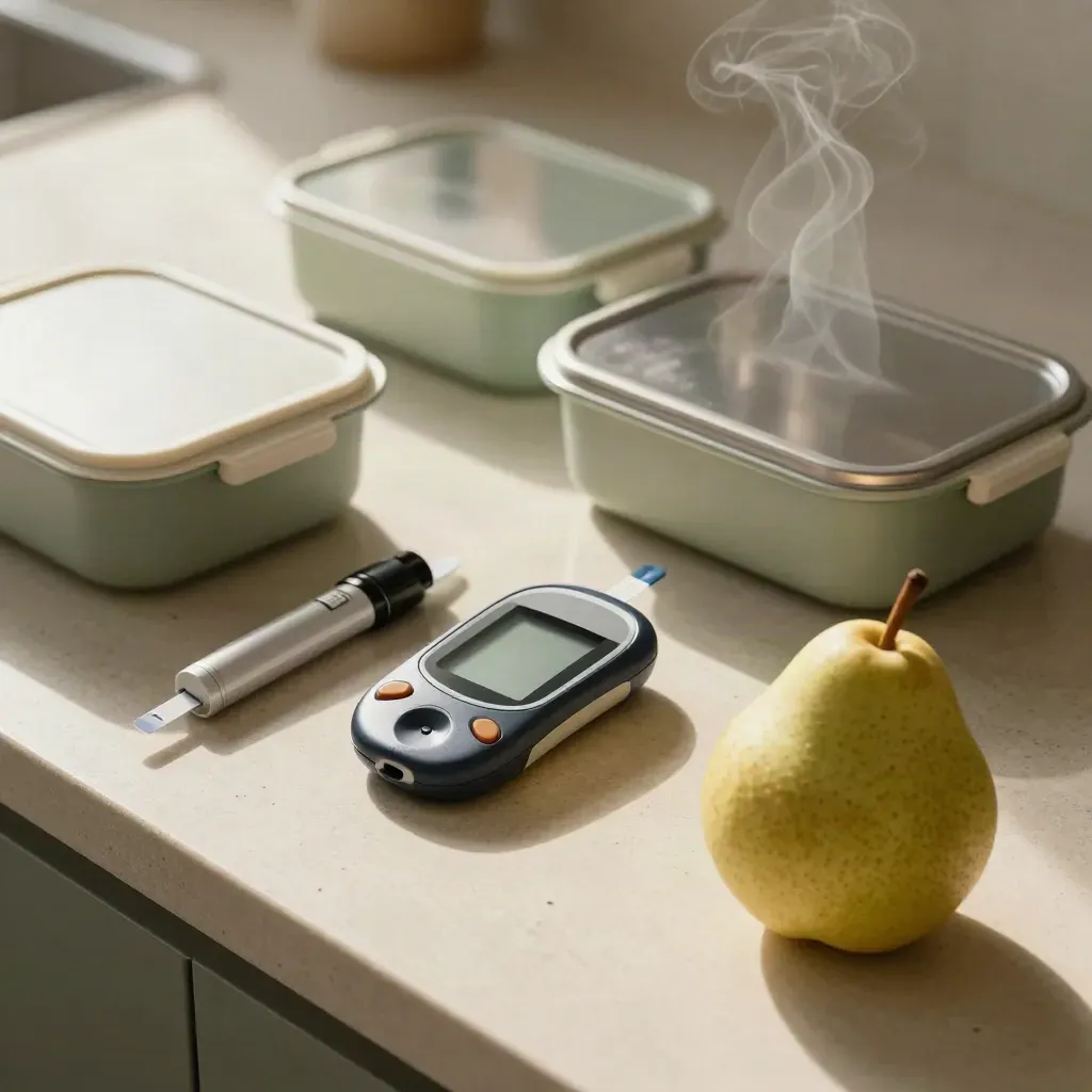 Glucose meter, lancet device, meal boxes and a pear on a pale kitchen counter with steam.