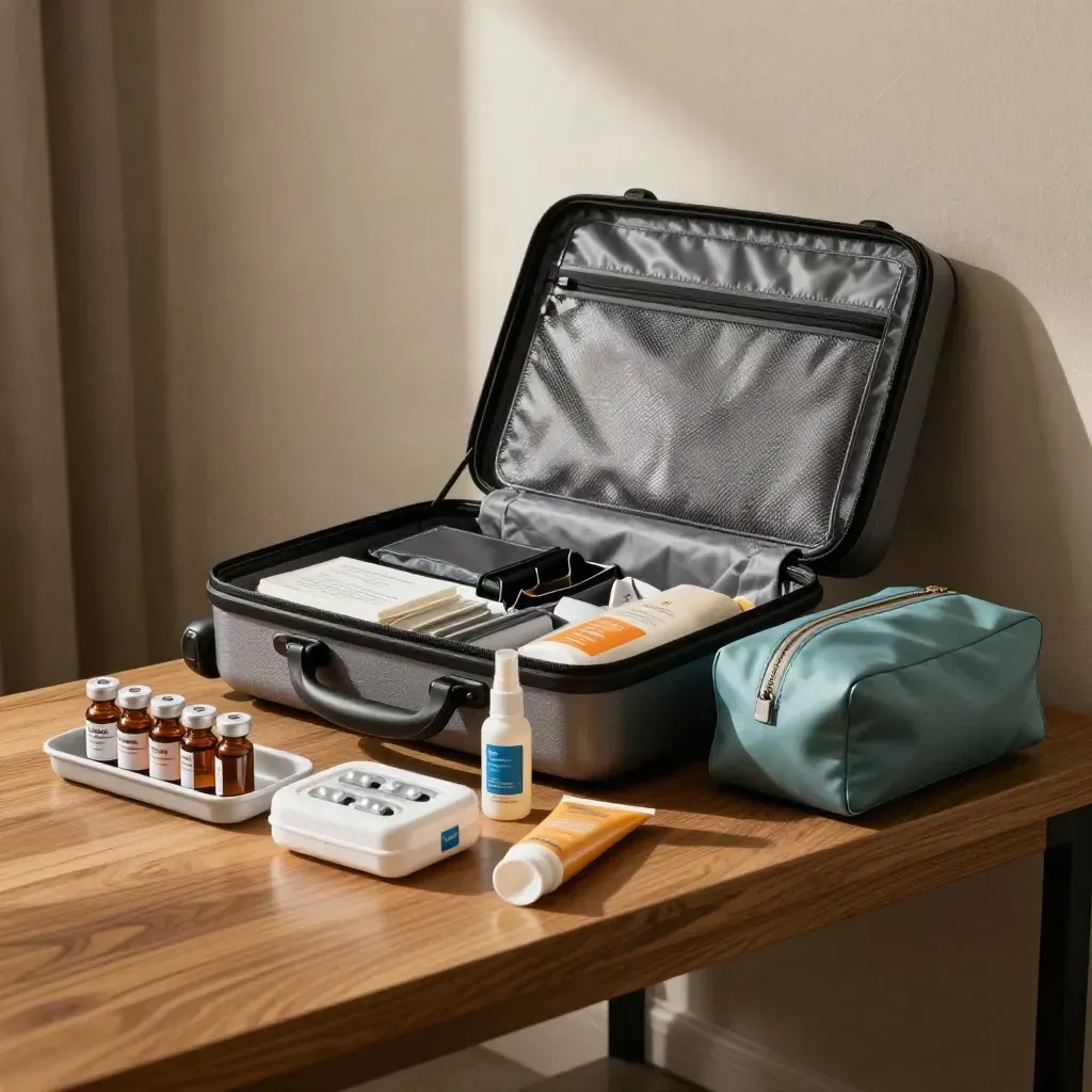 Travel-health prep items packed beside a hard-shell carry-on in dramatic light.