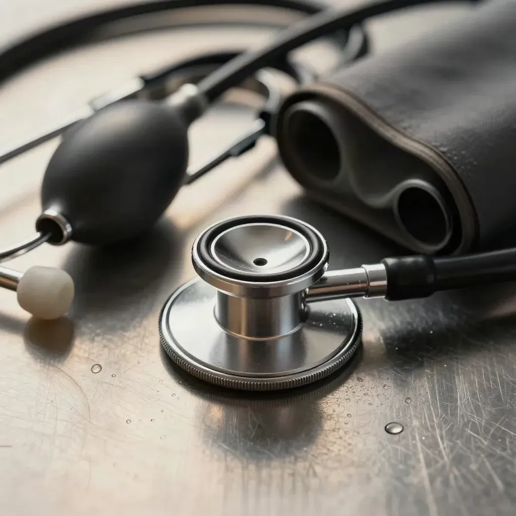 Extreme macro of stethoscope, cuff tubing and penlight on brushed steel in clinical light.