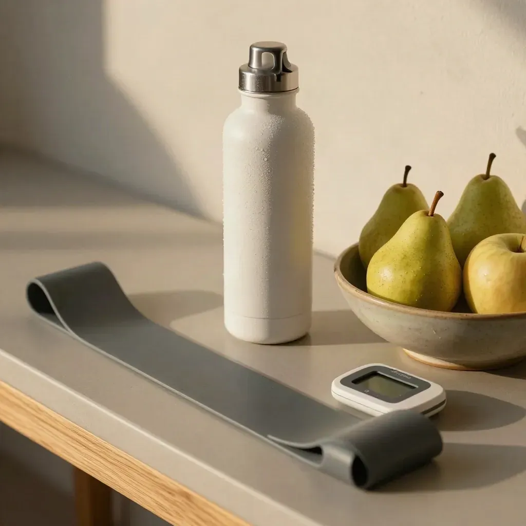 Macro still life of a resistance band, water bottle, step counter, and fruit bowl on a pale bench.