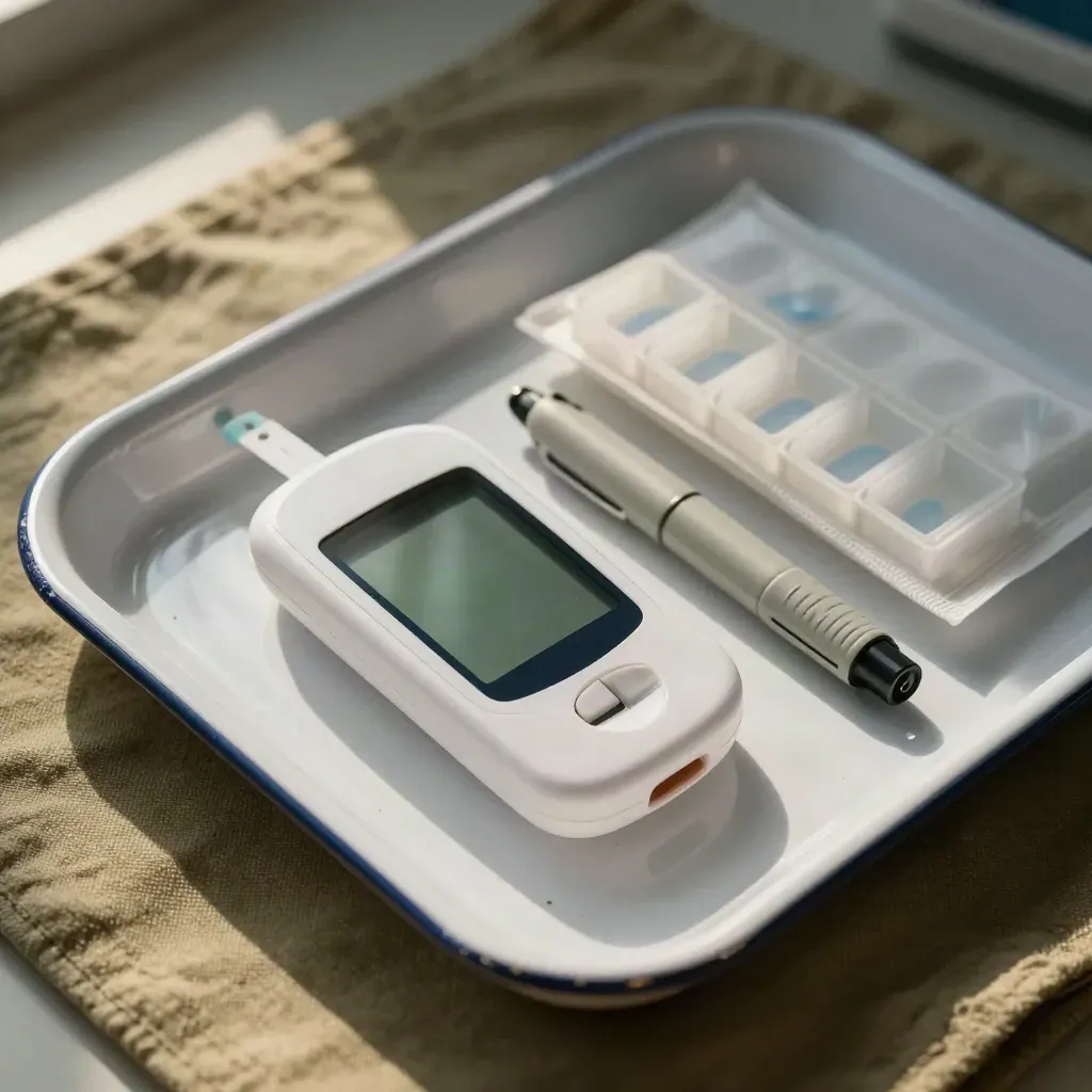 Glucose meter, lancet pen, pill organizer and cool pack on a white enamel tray.