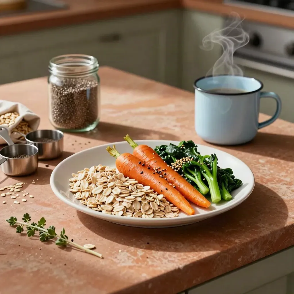 Meal prep still life with portion plate, oats, vegetables, seeds, and measuring cups on terracotta stone.