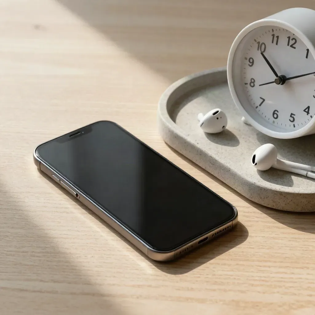 Face-down phone, desk clock and earbuds on a stone tray in soft daylight.