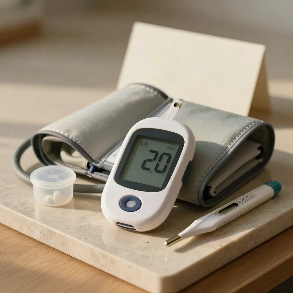 Health kit with cuff, glucose meter, pill organizer and thermometer on a stone desk pad.