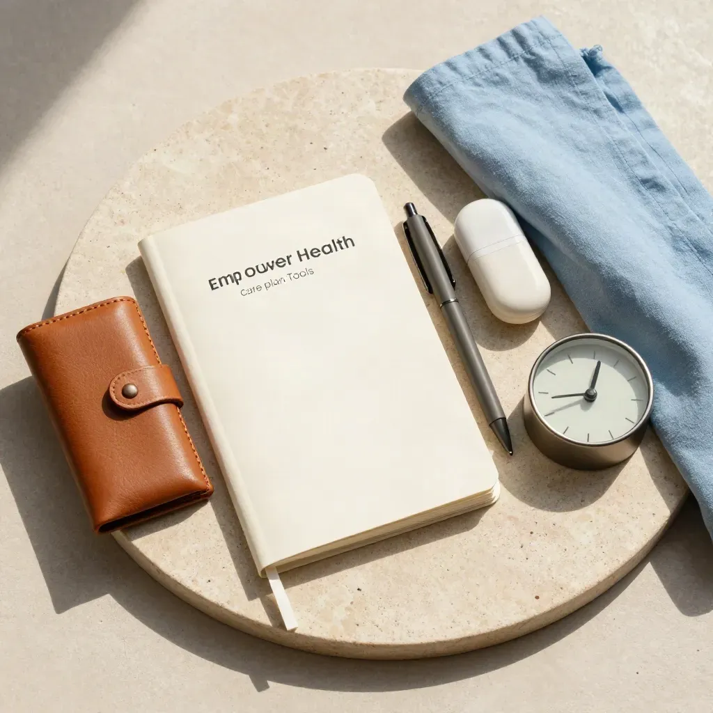 Cream care-plan notebook, pen, pouch, pill organizer and clock on stone tray.