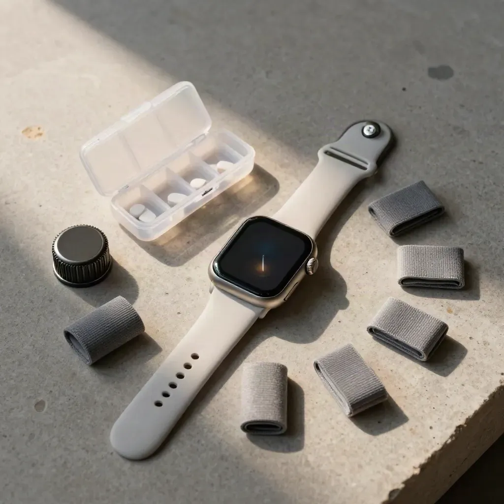 Smartwatch and recovery tools arranged on stone in a clean healthcare flatlay.