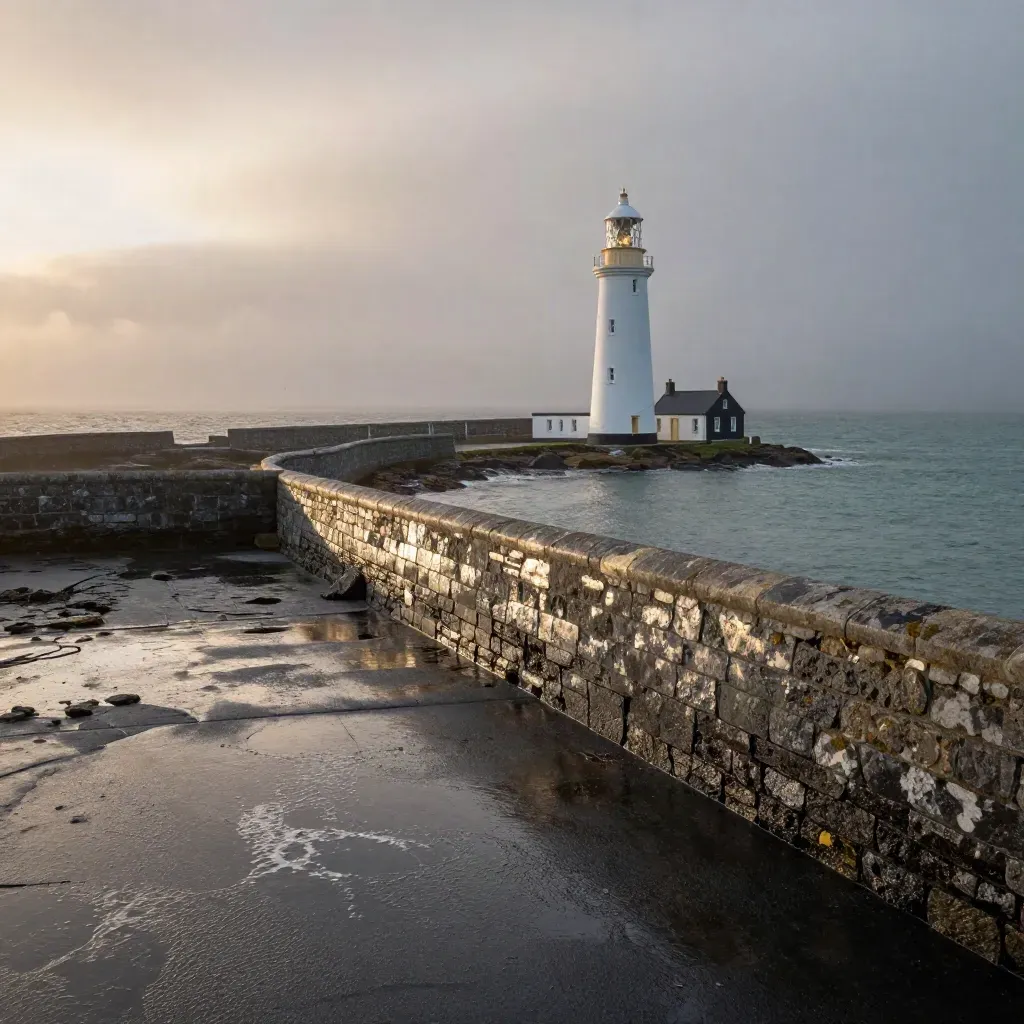 Ballycotton lighthouse glowing above wet rocks and misty Atlantic shoreline at golden hour.