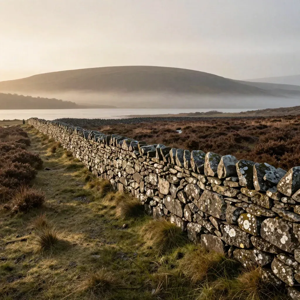 Connemara stone wall with misty hills and a calm lake edge at dusk