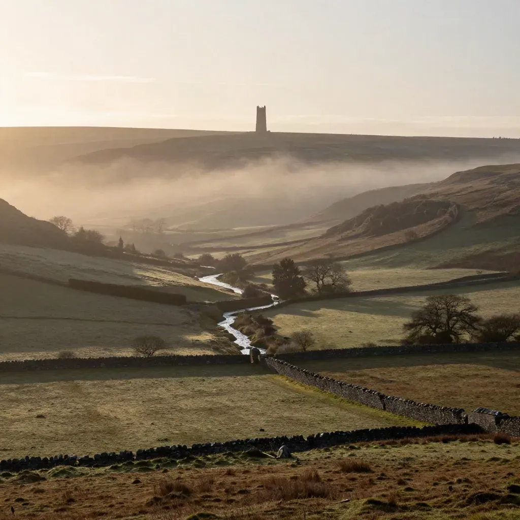 Misty Wicklow valley with a distant monastic tower above calm fields at dawn.